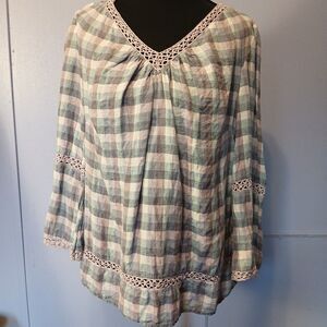 Chico's Purple Gingham With Crochet Trim Linen V Neck 3/4 Sleeve Popover Shirt L